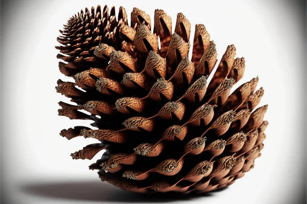 a close up of a pine cone on a white background with a shadow of the cone on the ground and the top of the cone of the cone is brown, with a white background. .