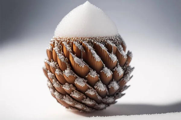 a close up of a pine cone with snow on top of it and a white background behind it, with a small amount of snow on top of the top of the pine cone,. .