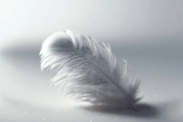 a white feather on a gray background with a blurry background and a white background with a white spot on the left side of the feather is a white background with a white spot on. .