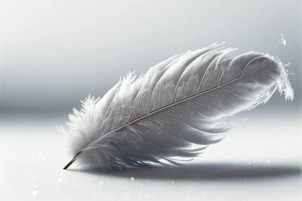 a white feather resting on a white surface with a blurry background and a white background with a white background and a white feather with a white background with a few small dots of a. .