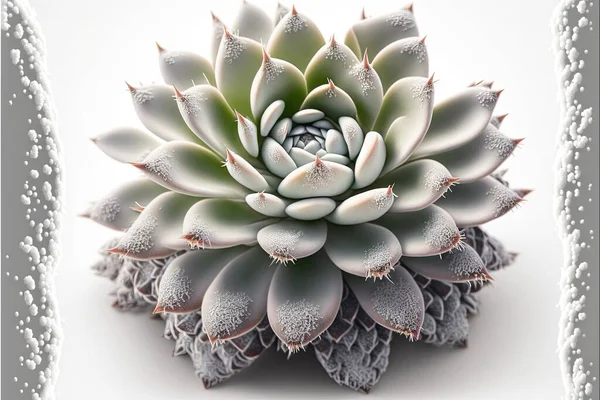 a large succulent plant with white flowers on a white background with a border around it and a white border around it with a white border around the edges with a white border and a. .