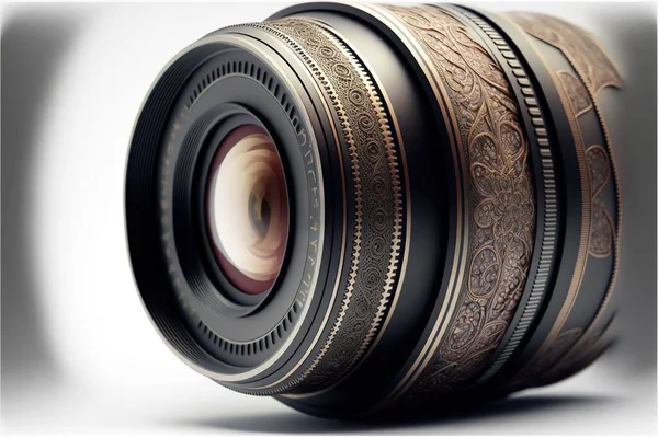 a close up of a camera lens on a white background with a white background behind it and a black and gold lens on the bottom of the lens, with a white background and a. .