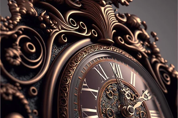 a close up of a clock with a fancy design on it\'s face and hands, with a dark background and a gold frame around the clock face and a black background with a. .