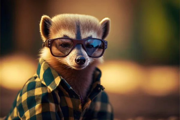 a small animal wearing glasses and a shirt with a plaid shirt on it\'s chest and a plaid shirt on its chest, with a small animal wearing glasses on its head, and a plaid shirt. .