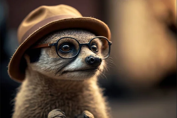 a small animal wearing a hat and glasses with a hat on its head and a hat on its head, and a small animal with a hat on its head, and a background,. .