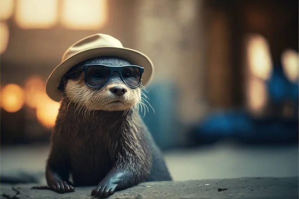 a small animal wearing a hat and sunglasses on the ground with a light in the background and a blurry background behind it, with a blurry background of a building and a light. .