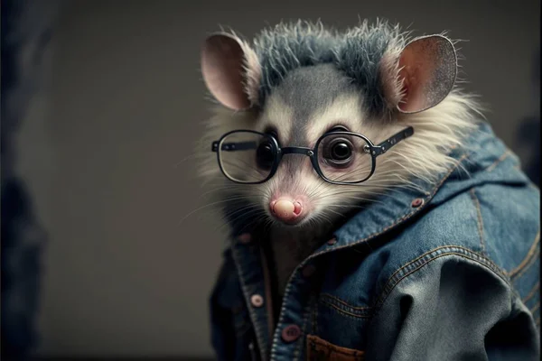 a small animal wearing glasses and a denim jacket with a denim jacket on it's back and a denim jacket on its back, with a denim jacket on it's shoulders, and a. .