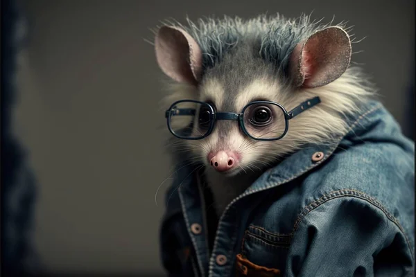 a small animal wearing glasses and a denim jacket with a denim jacket on it\'s back and a denim jacket on its back, with a denim jacket on it\'s shoulders, and a. .