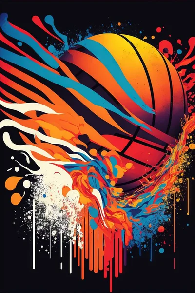 a basketball with colorful paint splatters on it's face and a basketball ball in the background with a splash of paint on it's face and a black background with a. .