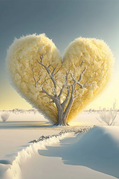 a heart shaped tree in the middle of a snowy field with a path leading to it and a path leading to the tree with a heart shaped tree in the middle of the snow,. .