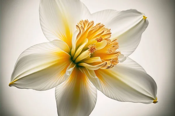 a white and yellow flower with a white background and a yellow center is shown in the center of the flower, with a yellow stamene center in the center of the center of the. .