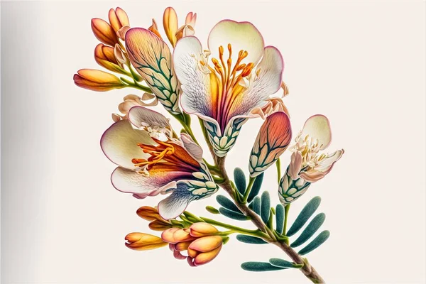 a painting of a flower with many flowers on it\'s stem and leaves on the stem, with a white background, with a light colored background, with a few yellow, red, and orange,. .