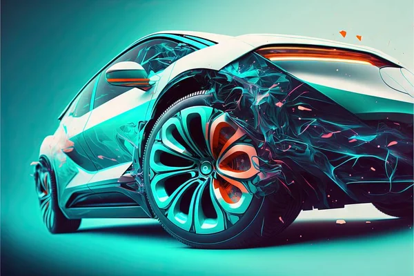 a futuristic car with a blue background and orange accents on the front wheel and tires, with a blue background and a green background with a blue and orange design of a red design of. .
