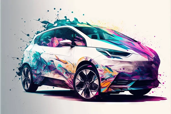 a car with a lot of paint splatters on it\'s hood and hood, and a white background with a blue, pink, yellow, purple, green, and orange and red car with a splash of. .