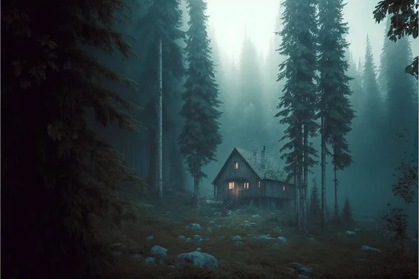 a cabin in the woods with a light on at the end of the night in the foggy forest with rocks and trees around it and rocks on the ground, and a foggy night. .