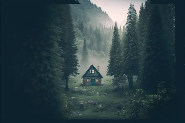 a cabin in the middle of a forest with fog and fog on the trees and grass below it, with a mountain in the background and a foggy sky with a few clouds and a few. .