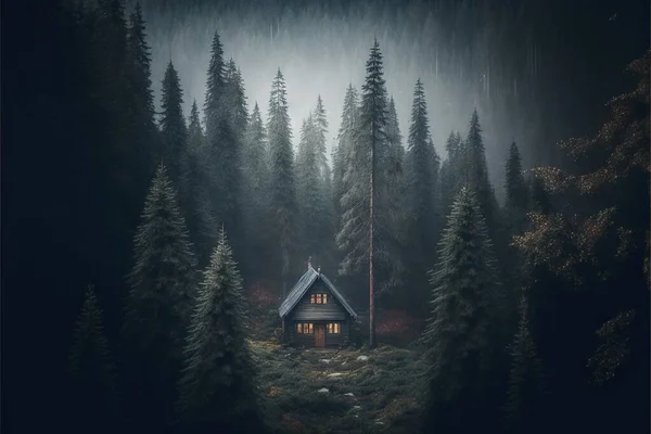 a cabin in the middle of a forest with a dark sky and fog behind it, with trees and a path leading to it, and a cabin in the middle of the woods with a. .