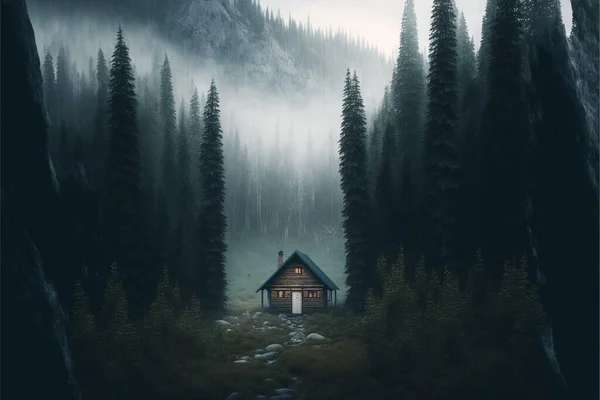 a cabin in the middle of a forest with fog and trees on the mountain side and a foggy sky above it, with a path leading to a cabin in the middle of the woods. .