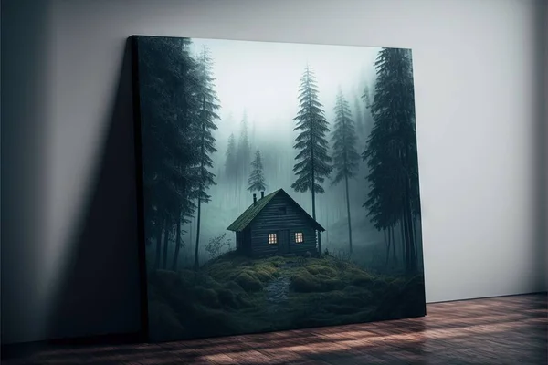a painting of a cabin in the woods with a light on it\'s window and a path leading to it through the woods, with a path leading to a cabin in the distance. .