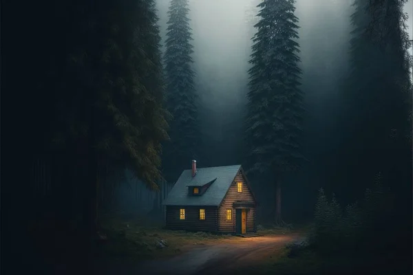 a cabin in the woods with a light on at the entrance to the cabin at night time with fog and fog around the cabin and trees around the cabin and a path leading to the cabin. .