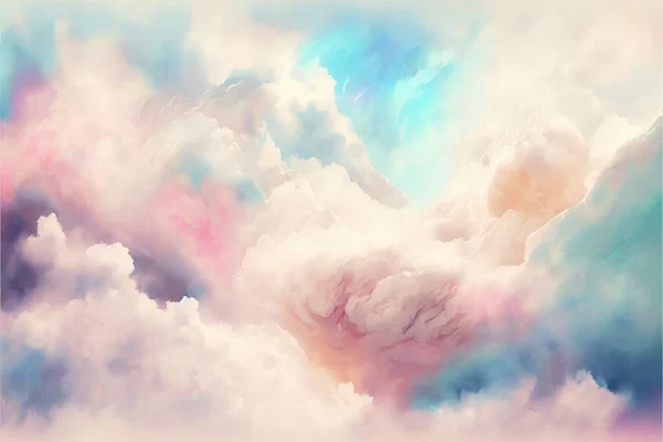 a painting of clouds in a pastel sky with a blue sky in the background and a pink sky in the middle of the picture with a white cloud in the middle of the middle. .