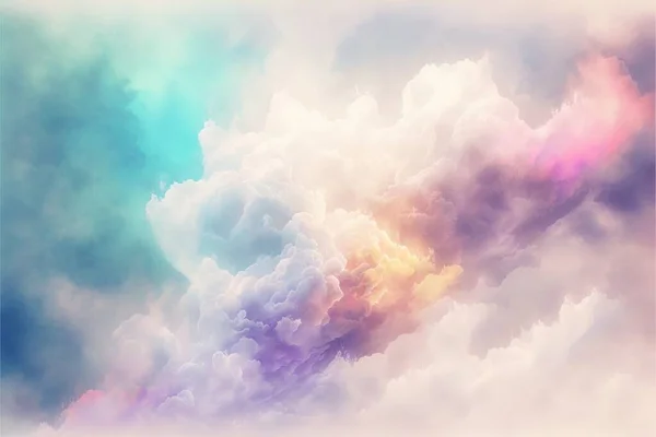 a colorful cloud of smoke is in the sky above the clouds in the daytime sky, with a light blue and pink cloud in the center of the sky, and a light blue cloud. .