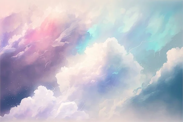 a painting of a sky with clouds and stars in the sky and a blue sky with white clouds and a pink and blue sky with white clouds and blue sky with white clouds and blue. .