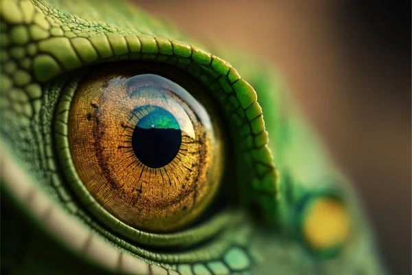 a close up of a green lizard\'s eye with a yellow iris and a black spot in the center of the eye, with a green background of a brown and yellow area with a black spot. .