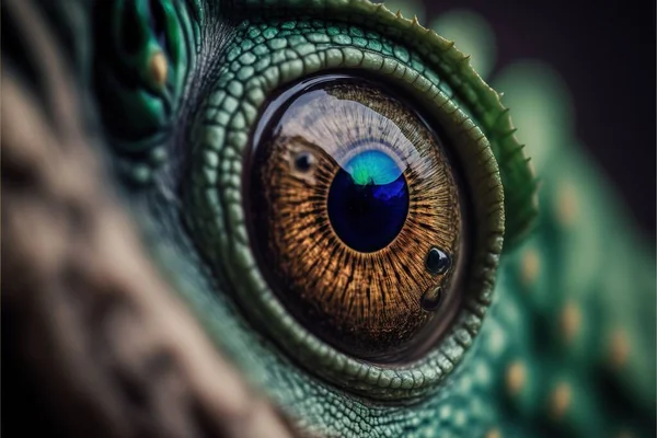 a close up of a green lizard\'s eye with a blue center and a green stripe around the iris of the eye and a green lizard\'s head with a black background and a. .