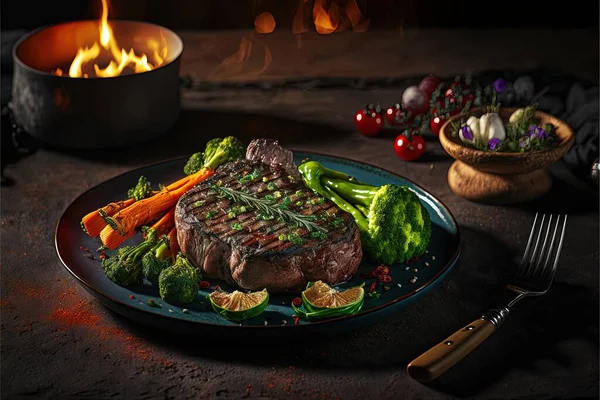 a steak and vegetables on a plate with a fire in the background at night time, with a fork and knife to the side of the plate, and a bowl of vegetables on the. .