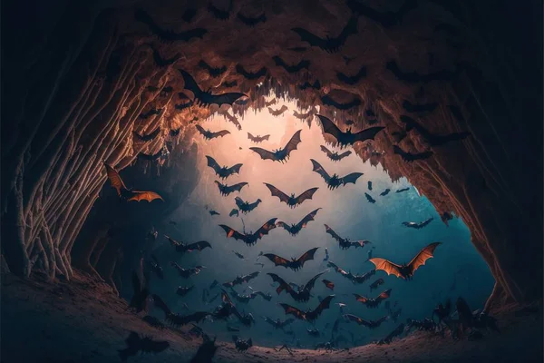 a group of bats flying in a cave with sunlight coming through the window and a blue sky in the background with a few clouds in the sky above the water and below the cave is a. .