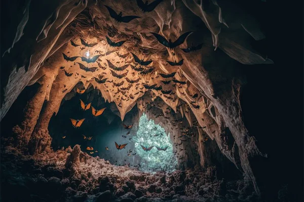 a cave filled with lots of bats flying around it\'s walls and ceiling, with a light shining through the cave\'s windows and a dark cave filled with bats flying around the cave. .