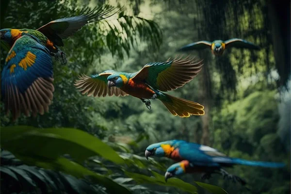 a group of colorful birds flying through a forest filled with trees and plants, with a forest background behind them, and a forest filled with trees and foliage, and a few birds,. .