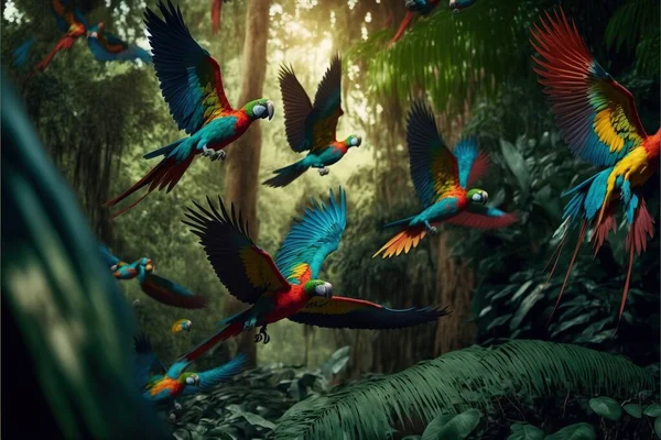a group of colorful birds flying through a forest filled with trees and plants, with a sunlit background and a forest floor with trees and foliage, and a few birds, all of. .
