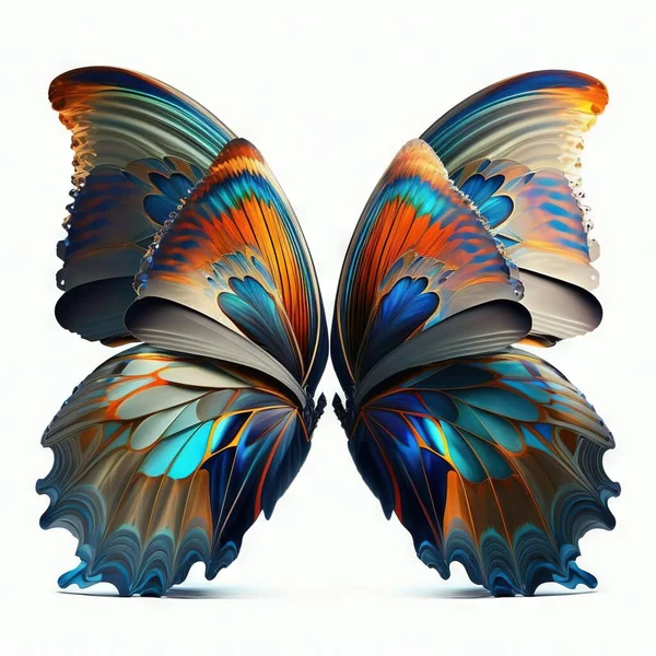 a butterfly with a blue and orange wings on a white background with a shadow of the wings and the back of the wings is a butterfly with a blue and orange tail and a white. .
