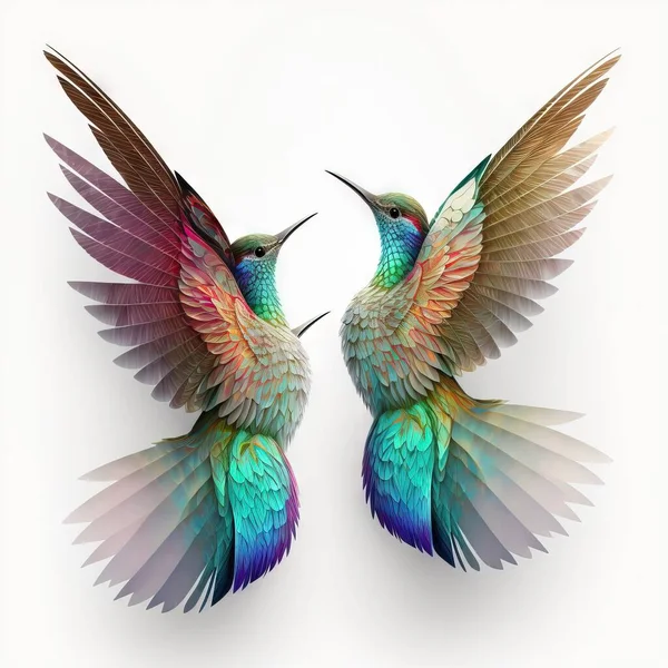 two colorful birds with wings spread out to each other, facing each other, with one bird facing the other with its wings spread out, and the other bird is facing the other,. .