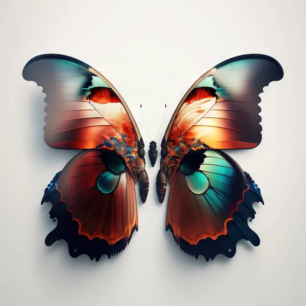 a butterfly with a blue and orange wings on a white background with a shadow of a butterfly on the wing of the butterfly, and a shadow of the wing of the butterfly on the. .