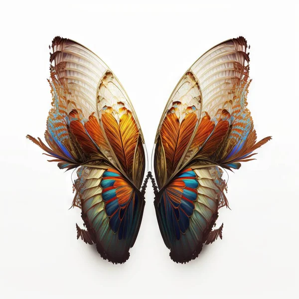 a butterfly with multicolored wings on a white background with a shadow of the wings and the back of the wings is a butterfly with a wing that has a pattern of a pattern of. .