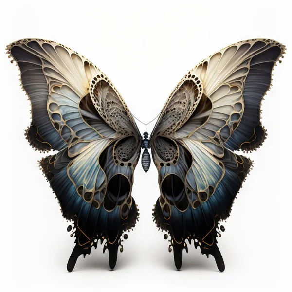 a butterfly with a black and white wings and a blue tail and wings are shown in the image on a white background with a shadow of the wings are black and the wings are the. .