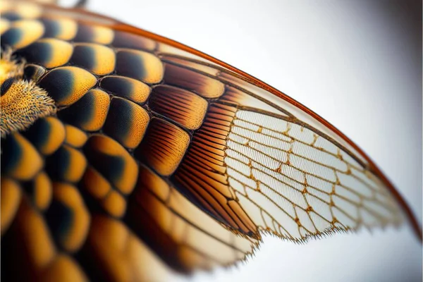 a close up of a butterfly wing with a sky background behind it and a white background behind it with a yellow and black pattern on the wing and a yellow center part of the wing. .