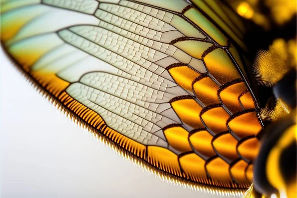 a close up of a butterfly wing with a sky background behind it and a yellow and black stripe on the wing of the wing of the butterfly's wing, with a yellow and white background. .