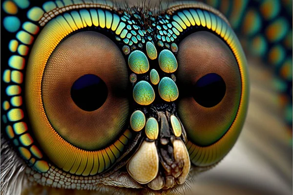 a close up of a colorful owl\'s face with a blue background and a yellow background with a green, yellow, and orange pattern on the eye area of the eye area of the owl. .