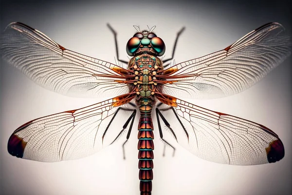a dragon fly with a lot of wings on it\'s back legs and wings spread out, with a white background behind it, and a black background with a red and blue border. .