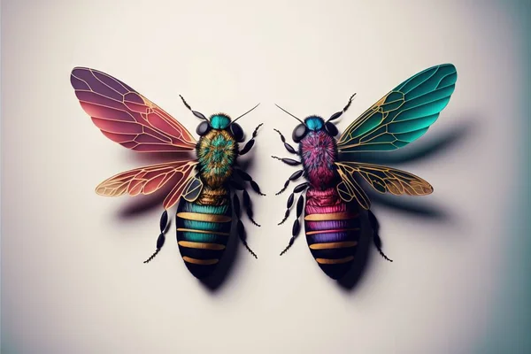 two colorful bugs are sitting on a white surface together, one is facing the other way and the other is facing the opposite direction of the same direction, with a shadow on the wall. .