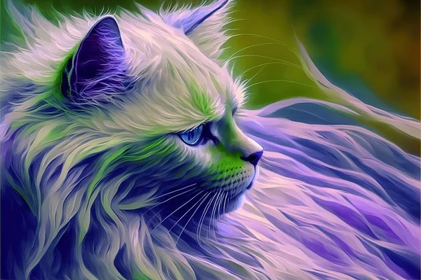 a painting of a cat with blue eyes and long hair, with a green background and a purple background, with a white cat with blue eyes and green and purple hair, and white. .