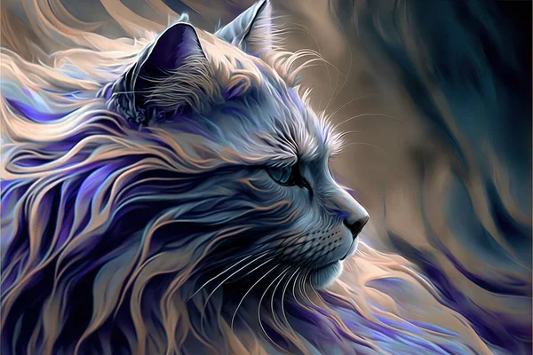 a painting of a cat with blue eyes and long hair, with a black background and a white cat with blue eyes and a black nose and white cat with blue eyes and white with. .