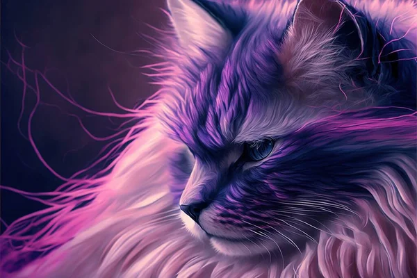 a painting of a cat with purple hair on it\'s face and eyes, with a black background and a pink background with a white cat with a purple tail and white with a black spot. .