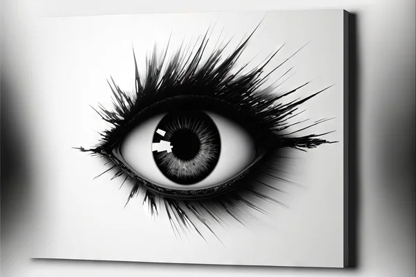 a black and white picture of an eye with long eyelashes on it's side, with a white background and a black frame around the eye is a black and white background with a. .