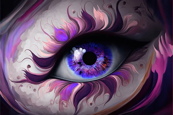 a close up of a blue eye with a purple swirl around it's irise and a black circle in the center of the iris of the eye, with a white background of a pink and purple swirl. .