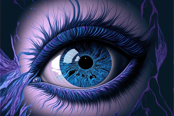 a blue eye with a purple iris and a black background is shown in this image of a human eye with blue iris and a black background is shown in the upper left corner of the. .
